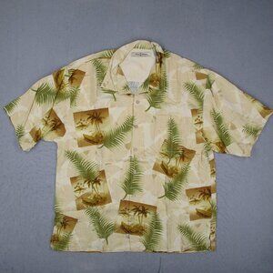 Tommy Bahama Shirt Mens XL Yellow Floral Silk Hawaiian Button Up Loop Collar